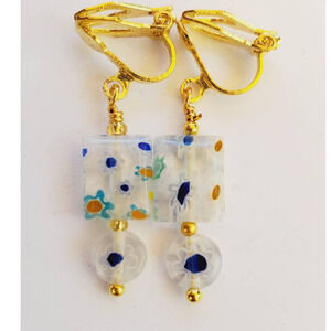 Clip on Earrings Glass Flowers in Blue Gold and Green Millefiori 1 Inch Handmade